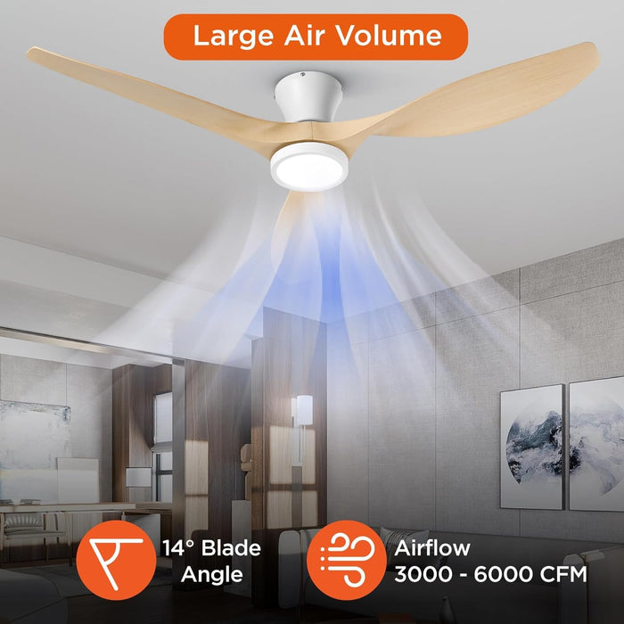 52 Inch Ceiling Fans with Lights and Remote, Flush Mount Low Profile Ceiling Fan with Reversible DC Motor ABS Blades for Bedroom Living Room Kitchen Light Oak Finish