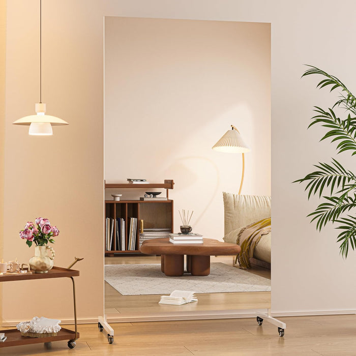 67" X 40" Large Full Length Rolling Mirror with Wheels, White