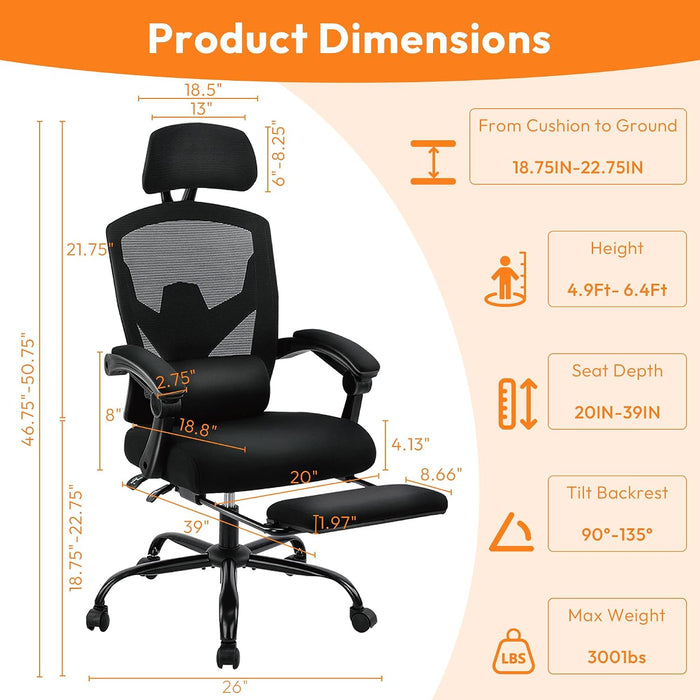 Desk Chair with Foot Rest, High-Back Mesh Office Chair with Wheels, Black