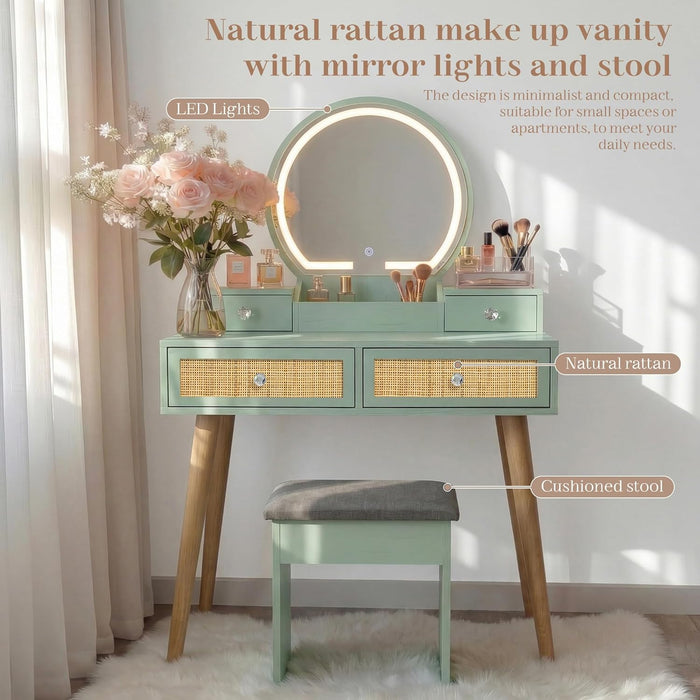 Mint Bohochic Rattan Vanity Desk Illuminated Mirror