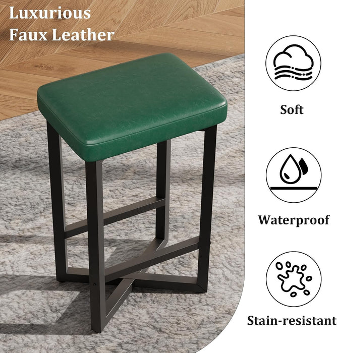 24.6" Bar Stools Set of 4 with PU Leather Upholstered Seats, Green | Counter Height Bar Stools with Metal Frame & Footrest, Modern Backless Kitchen Barstools for Home Bar, Dining Room