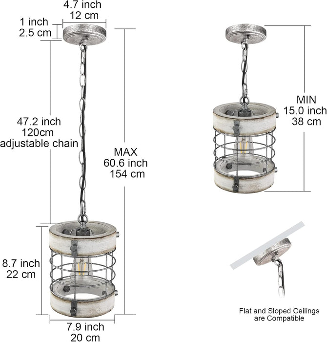 Retro Industrial Metal and Wood Chandelier 1-Light round Cage Pendant Light Fixture for Kitchen Island Foyer Hallway Bar Dining Room Restaurant, D 7.9" X H 8.7" (White)