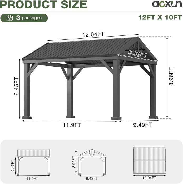 10' X 12' Outdoor Hardtop Gazebo,  Heavy Duty Frame Gazebo with Galvanized Steel Roof, Permanent Metal Patio Pavilion for Backyard Lawn Deck