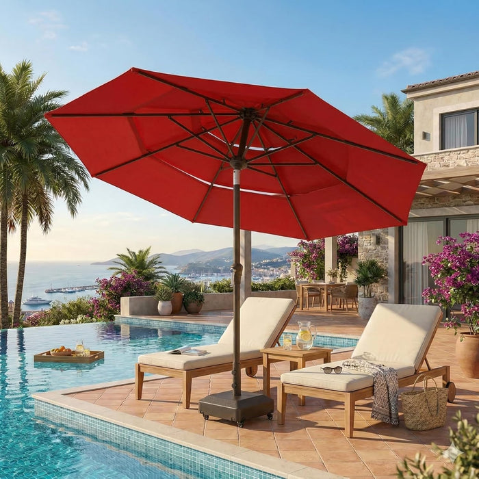 10Ft Patio Umbrella, 3 Tier Outdoor Market Table Umbrellas with 8 Fiberglass Ribs and Push Button Tilt, Windproof, Vented Canopy, UV Protection for Deck, Pool, Backyard, Red