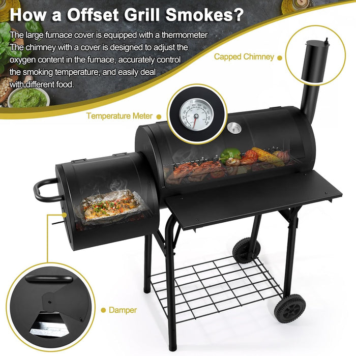 Barrel Charcoal Grill with Offset Smoker(420.Sq.In),  Large Outdoor BBQ Grills with Chimney Starter Set for Grilling, Smoking, Roasting, with Thermometer & Front Table, 6 S-Hooks & Clamp