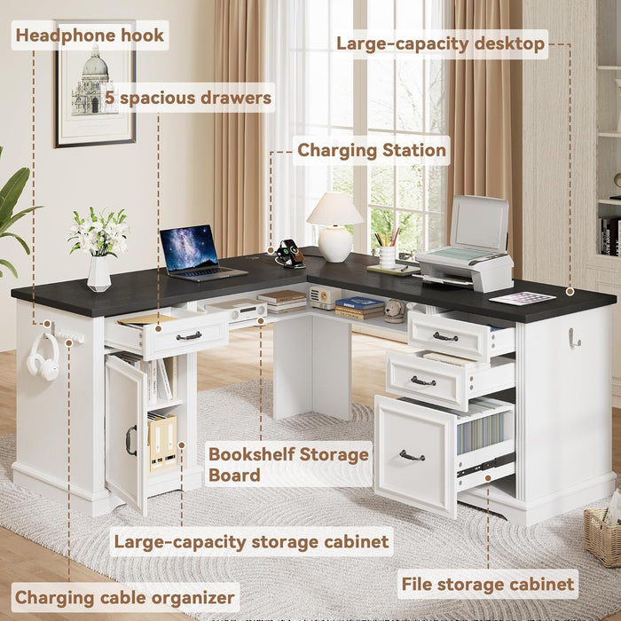 L-Shaped Executive Desk with Drawers, 59" Farmhouse Home Office Desk with File Cabinet, Computer Desk with Charging Station & Headphone Hook for Work/Study/Writing (White & Black)
