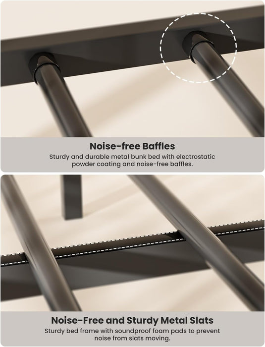 Twin XL over Queen Bunk Bed for Adults, Heavy Duty Metal Bunk Beds with Safety Guardrails & EVA Padded Ladder, Twin XL over Queen Bunk Beds Frame with Noise-Free Slats, Space-Saving(Black)