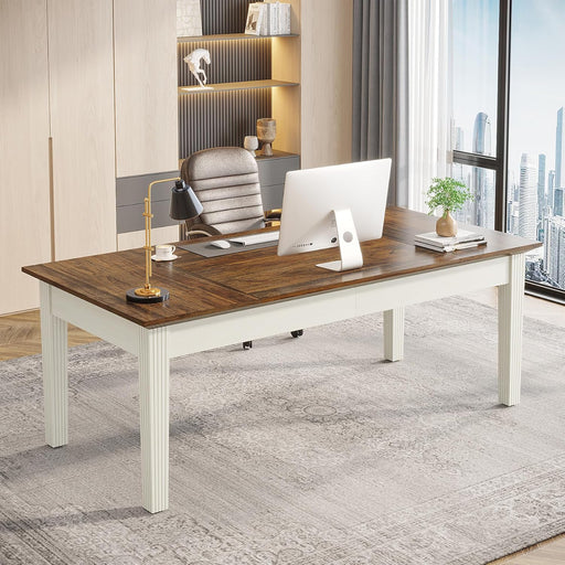 62-Inch Computer Desk, Large Office Executive Desk with Solid Wood Legs, Modern Simple Laptop Desk Study Writing Table Workstation Furniture for Home Office, Rustic Brown & Cream White