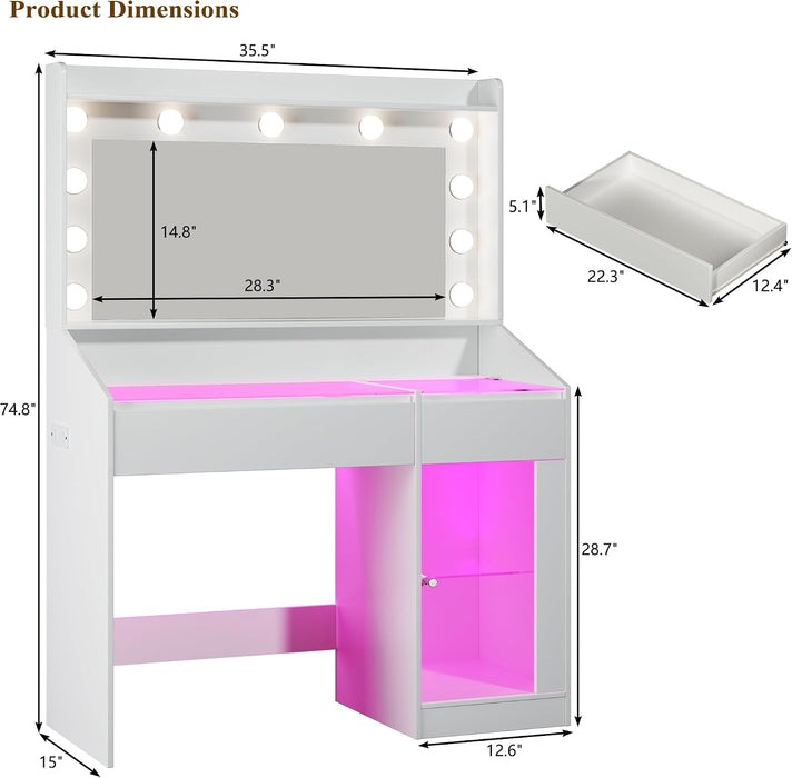 Vanity Desk with Mirror & RGB Lights, White Makeup Vanity Table with 2 Transparent Top Large Drawers & RGB Cabinet, Vanity Desk with LED Lighted Mirror 3 Colors, Power Outlets, Flip-Up Drawer