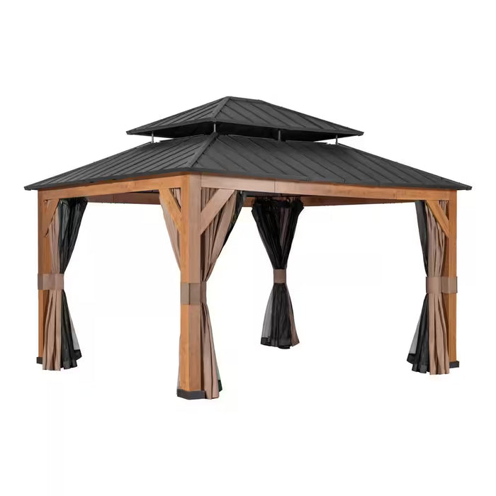 15 Ft. X 13 Ft. Wood Grain Aluminum Double Galvanized Steel Roof Gazebo with Ceiling Hook, Mosquito Netting and Curtains