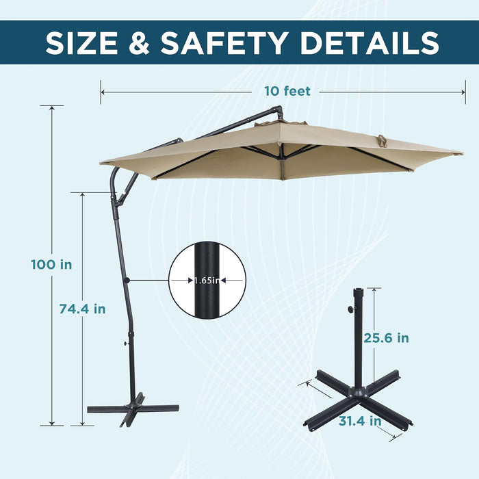 10FT Offset Patio Umbrella, Cantilever Hanging Umbrella with Infinite Tilt, Fade-Resistant Water-Repellent Canopy & Cross Base for Yard, Garden & Deck