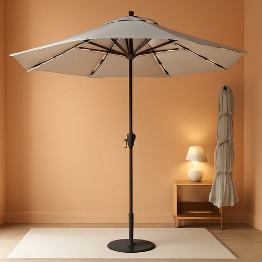 10FT Patio Umbrella 3 Tiers Outdoor Market Umbrella with 32 Solar Powered LED Lights, Windproof Outdoor Market Umbrella for Deck, Poolside & Garden, Sturdy Push-Button Tilt Table Umbrella, Light Gray