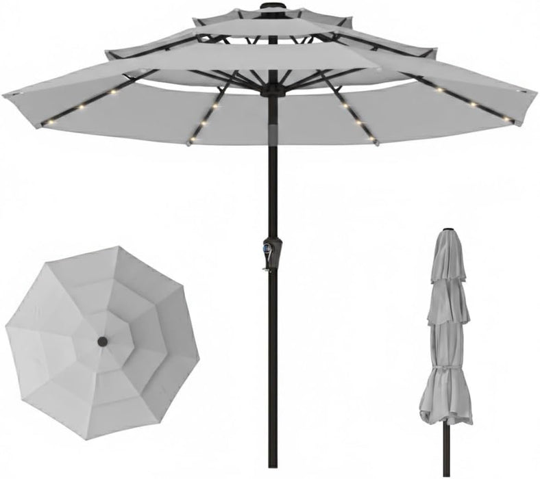 10FT Patio Umbrella 3 Tiers Outdoor Market Umbrella with 32 Solar Powered LED Lights, Windproof Outdoor Market Umbrella for Deck, Poolside & Garden, Sturdy Push-Button Tilt Table Umbrella, Light Gray