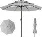 10FT Patio Umbrella 3 Tiers Outdoor Market Umbrella with 32 Solar Powered LED Lights, Windproof Outdoor Market Umbrella for Deck, Poolside & Garden, Sturdy Push-Button Tilt Table Umbrella, Light Gray