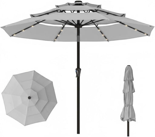 10FT Patio Umbrella 3 Tiers Outdoor Market Umbrella with 32 Solar Powered LED Lights, Windproof Outdoor Market Umbrella for Deck, Poolside & Garden, Sturdy Push-Button Tilt Table Umbrella, Light Gray