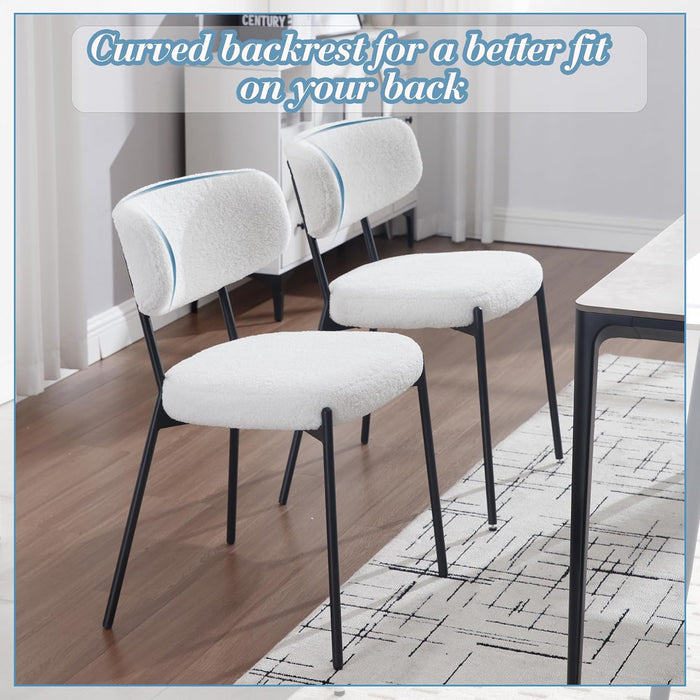 Boucle Dining Chairs Set of 6, Modern Mid-Century Upholstered Stylish Kitchen Chairs Sherpa Accent Diner Chairs with Metal Legs and Curved Back for Kitchen, Dining Room(White)