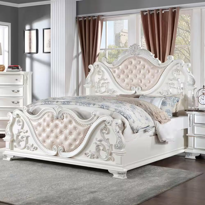 Florince 3-Piece Pearl White King Wood Bedroom Set with 2 Marble Top Nightstands