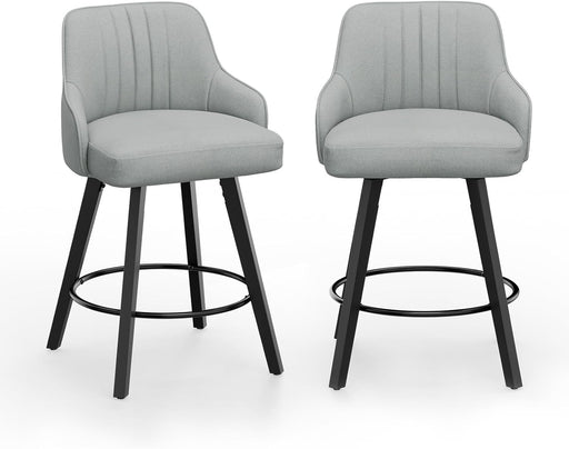 26" H Swivel Barstools Set of 2, Linen Fabric Upholstered Counter Stool with Back, Kitchen High Chairs Counter Height Bar Stools with Cushion, Solid Wood Legs, Grey