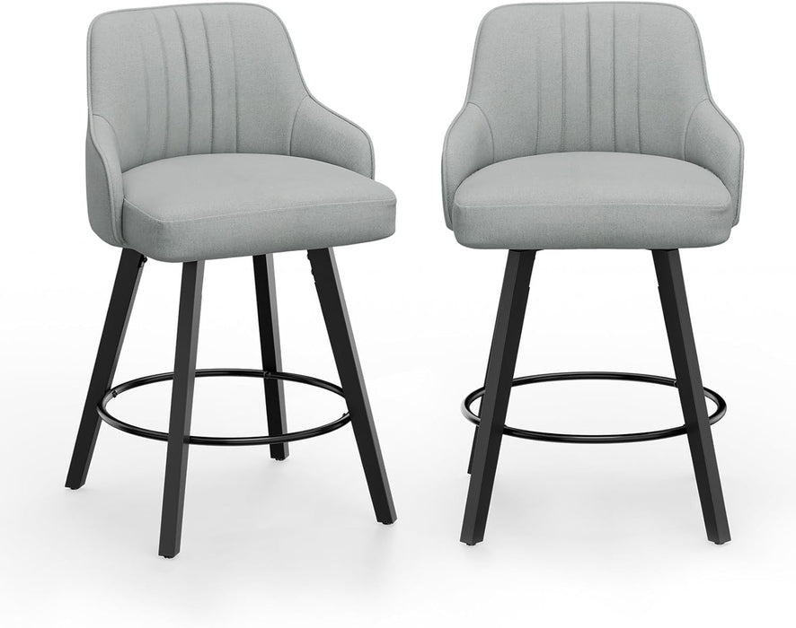 26" H Swivel Barstools Set of 2, Linen Fabric Upholstered Counter Stool with Back, Kitchen High Chairs Counter Height Bar Stools with Cushion, Solid Wood Legs, Grey