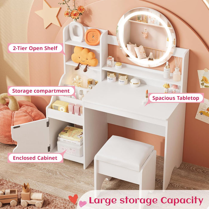 Kids Vanity with Lights, Princess Makeup Vanity Desk with Open Bookshelf, Storage Cabinet & Shelves, Toddler Vanity Table and Chair Set, Pretend Play Vanity Set for Little Girls, White