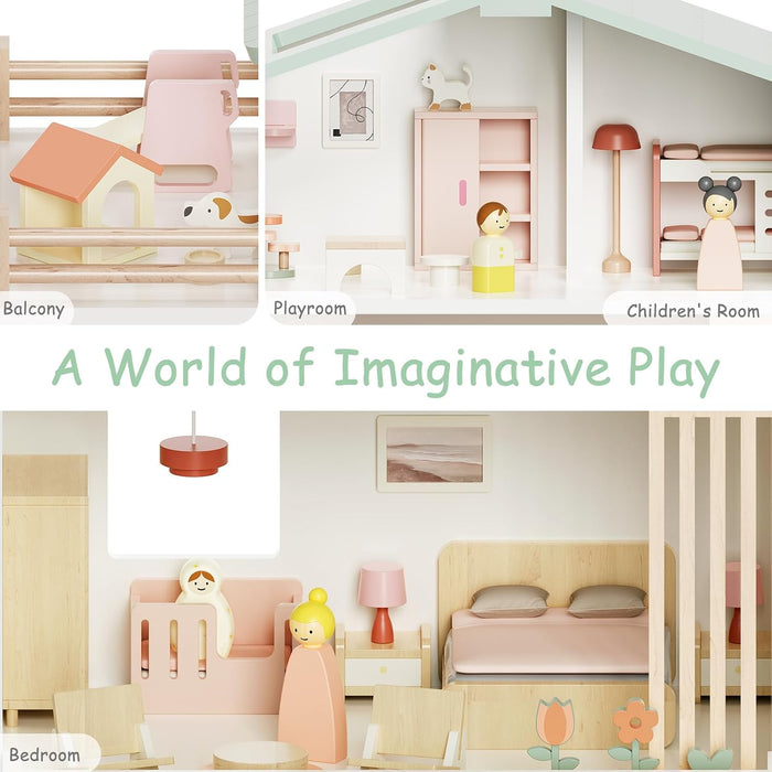 Wooden Dollhouse Playset With Eight Rooms Accessories