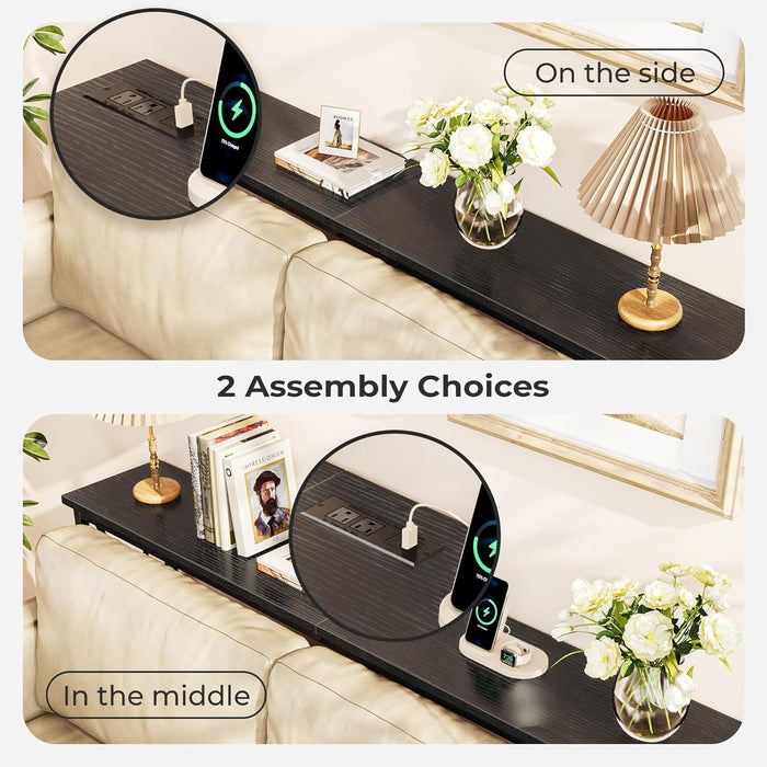 70 Inch Console Table with Outlets and USB-C Port, Extra Long behind Couch Sofa Table with X-Shaped Design, Narrow for Entryway, Living Room, Metal Frame, Wooden Top, Black