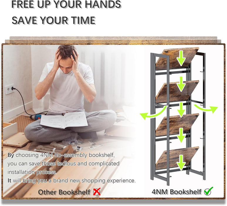 No Assembly Small 4 Tier Folding Bookshelf Compact Storage Shelves Vintage Bookcase Standing Racks for Bedroom Living Room Home Office