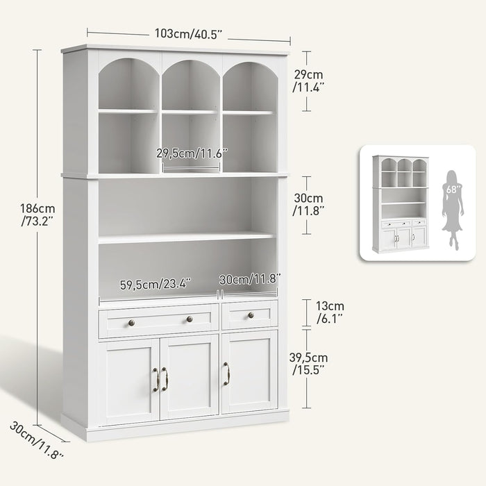 73.2" Tall Farmhouse Arched Bookshelf with Drawer and Door, 6 Tier Mid Century Modern Book Shelf and Bookcase with Storage, Floor Standing Display Cabinet for Living Room, Home Office, White
