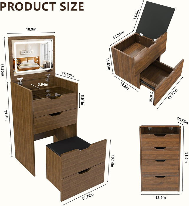 3 in 1 Small Walnut Vanity with Stool & Glass Top, Make up Table with Flip up Mirror & Lights, Modern Cute Teen Vanity Desk with Drawers for Small Space (Walnut+Black, 18.9'' L)