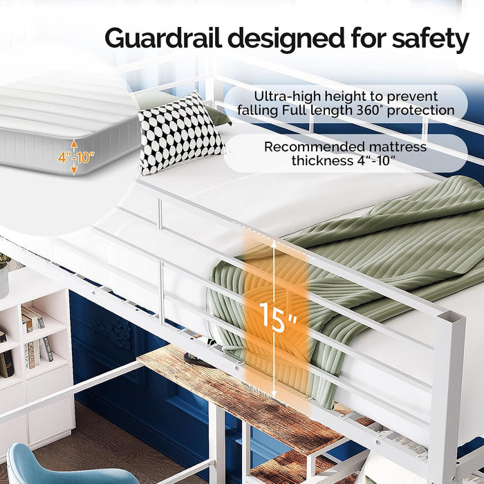 Twin over Twin Bunk Bed with Desk, 15'' Extra High Guardrail Loft Bed with LED Lights,2 Charging Station,And 2 Storage Drawers,2 Deckers Bed,Metal Space Saving Platform Bed with Vanity,White