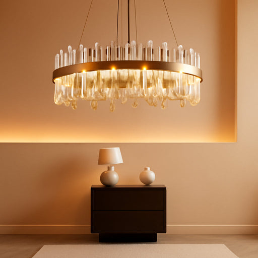Gold Modern Crystal Led Chandelier,Round Drum Chandelier over Table | 23.6" Dimmable Led Golden Luxury Chandelier,K9 Crystals Height Adjustable Chandelier for Dining Room Living Room Bedroom