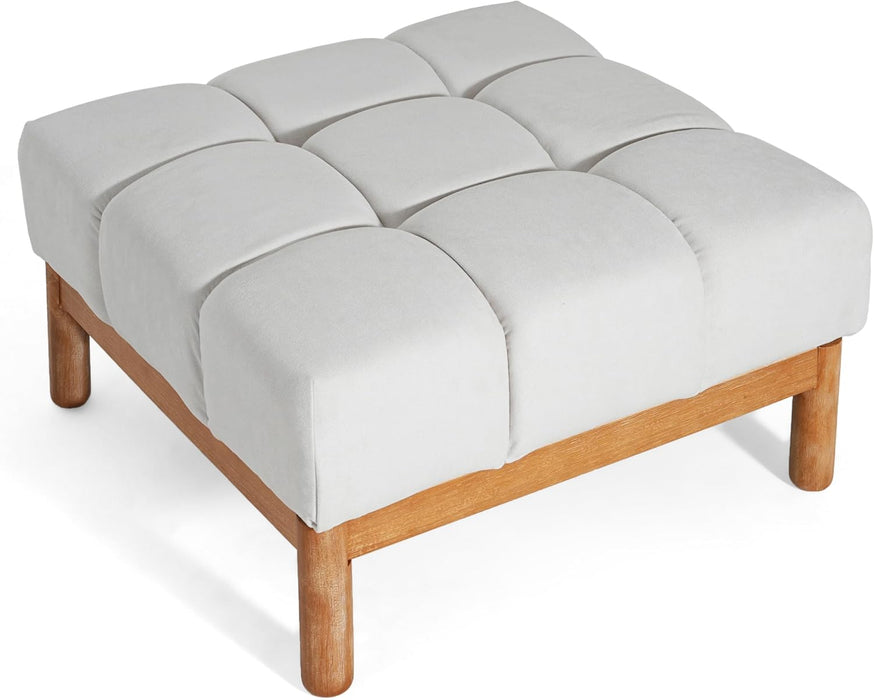 Annette Square Ottoman Footstool with Grid Tufting, Living Room Sofa Ottoman with Wood Frame, Fabric Upholstery Coffee Table, Comfy Seating with Dense Foam Padding, White