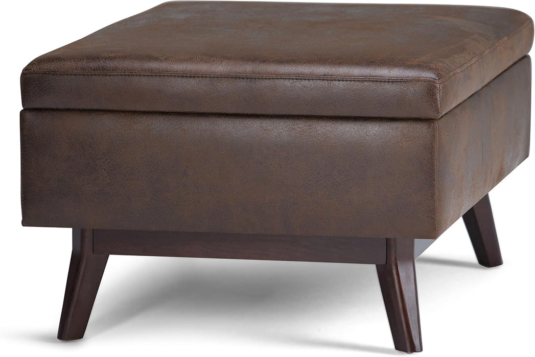 Owen 34 Inch Wide Mid Century Modern Rectangle Coffee Table Storage Ottoman in Distressed Chestnut Brown Vegan Faux Leather, Assembled, for the Living Room, Entryway and Family Room