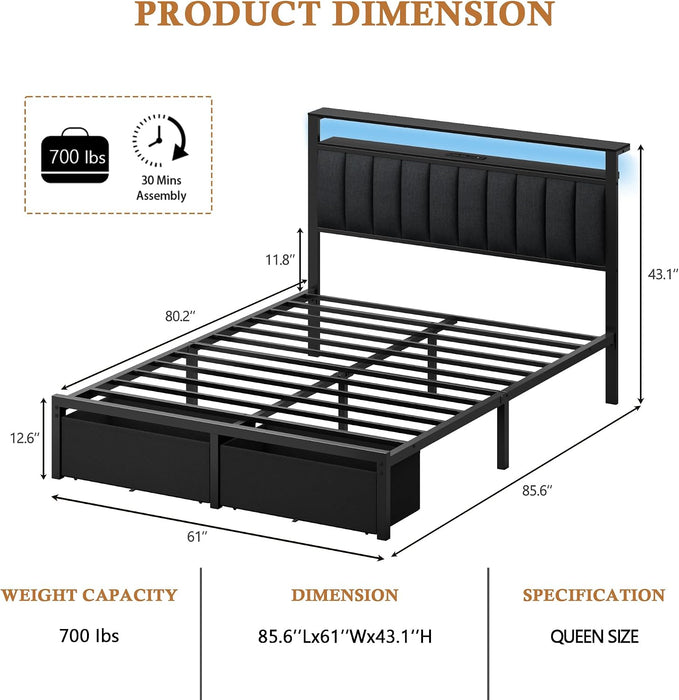 Queen Bed Frame with Storage Drawers and Upholstered Headboard