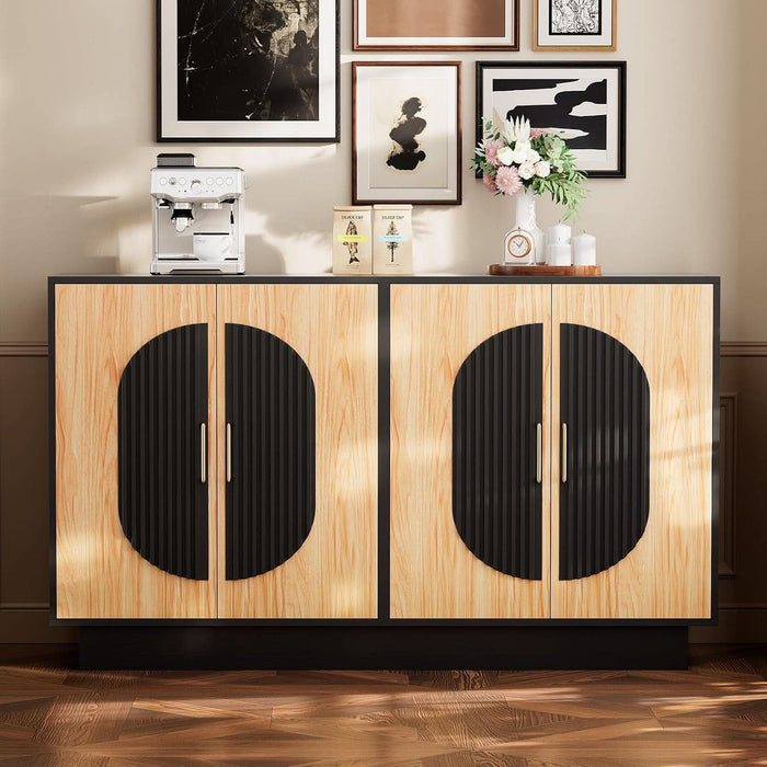 58" Fluted Modular Buffet Cabinet with Arched Doors & Gold Handles, Mid Century Modern Sideboard Credenza Storage with Adjustable Shelves, Wood Coffee Bar Console Table for Dining Living Room