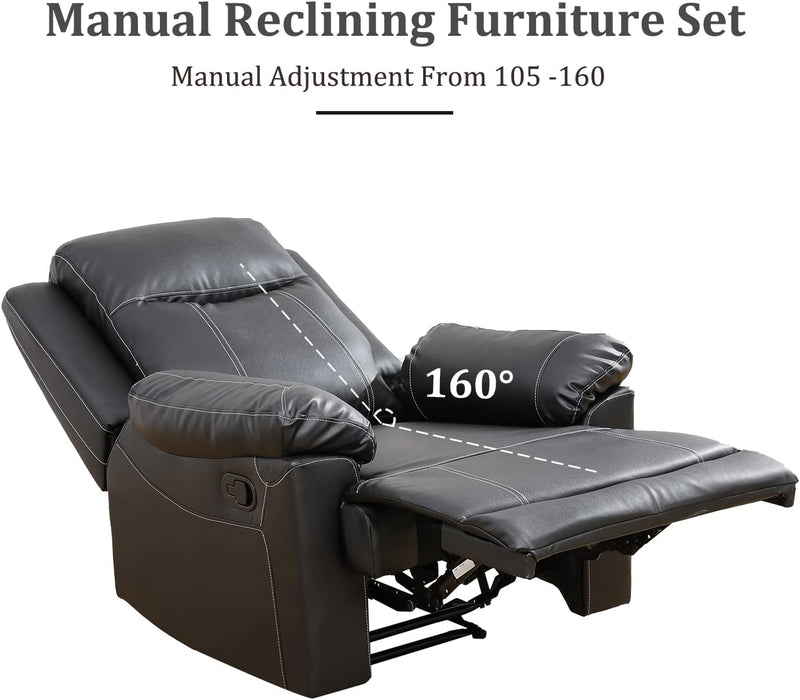 Manual Recliner Sofa Set, Bonded Leather Sofa with Recliners, Reclining Couch Set with Storage Console and Cup-Holders for Living Room/House/Bedroom/Office/Apartment (Black / 3 Pieces Set)