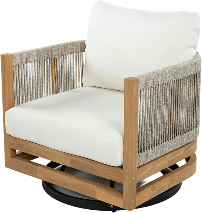 Sue Outdoor Acacia Wood Swivel Accent Chairs Set of 2 with Cushions, 360° Rotating Lounge Chair Outdoor with Rope Accent, Outdoor Swivel Chairs for Garden, Natural + Beige