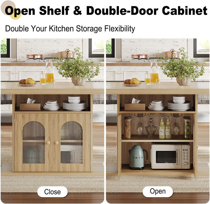 Dining Table for 4–6, 63 Inch Wood Farmhouse Kitchen Table with 3-Tier Storage Shelf and Acrylic Door Cabinet, Rectangular Modern Dining Room Dinner Table for Apartment Home Small Space, Light Oak