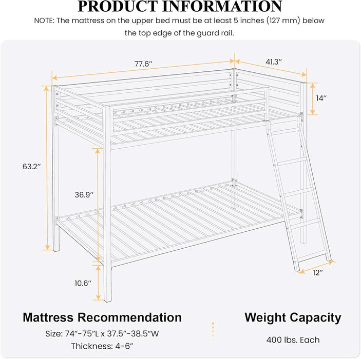 Loft Bunk Bed Twin over Twin Size with Ladder and Guardrail,Heavy Duty Metal Slats Support No Box Spring Needed Small Space Saving Furniture for Bedroom Dorm,Black
