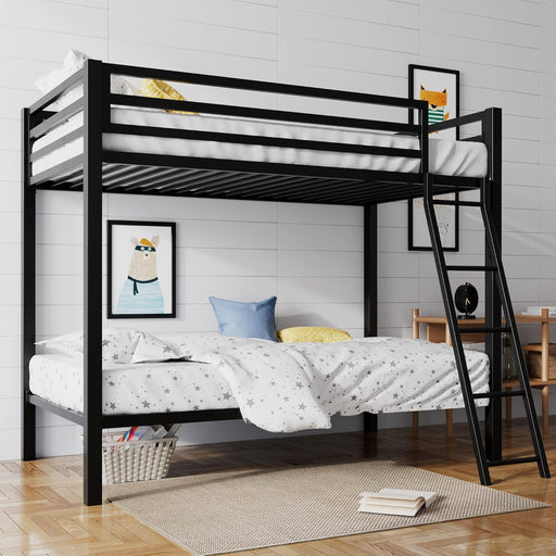 Loft Bunk Bed Twin over Twin Size with Ladder and Guardrail,Heavy Duty Metal Slats Support No Box Spring Needed Small Space Saving Furniture for Bedroom Dorm,Black