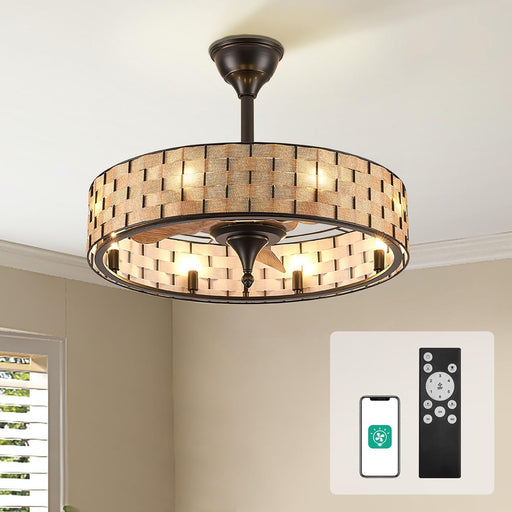 24" Caged Ceiling Fan with Lights, 2 Ways Control(App&Remote Control), Light Kit Included(8 Bulbs), Modern Farmhouse