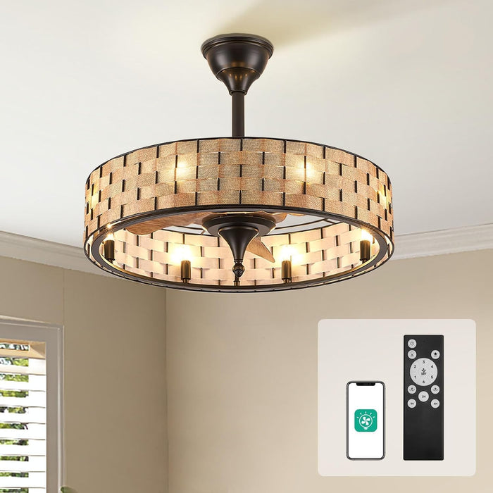 24" Caged Ceiling Fan with Lights, 2 Ways Control(App&Remote Control), Light Kit Included(8 Bulbs), Modern Farmhouse