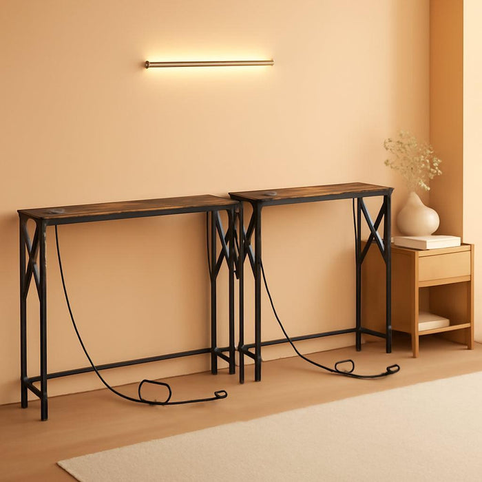 78.7'' Narrow Sofa Table with Charging Station, 2 Pack Skinny Console Table, Slim Entryway Hallway Couch Table, for Entrance, Foyer, Living Room, Hallway, Rustic Brown CTHR151E01S2
