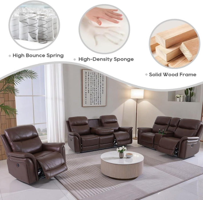 Power Recliner Sofa Set with LED, Breathing Leather Reclining Sofa Set, Living Room Set Recliner Couch Loveseat with USB Port/Cup Holder/Storage for Living Room (3 Pieces Couch Set, Brown)