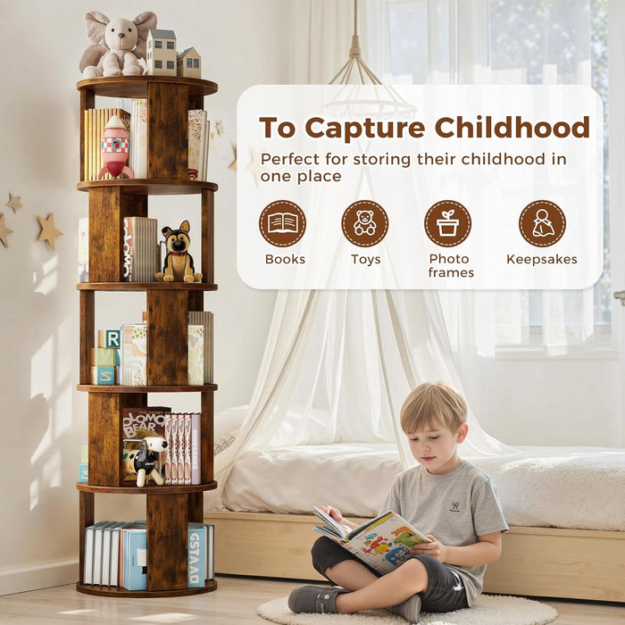 5 Tier Rotating Bookshelf Tower, 360° Display round Bookcase, Floor Standing Corner Revolving Bookshelf Organizer Storage Rack for Home Study Office, Walnut