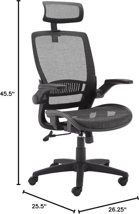 Ergonomic High-Back Desk Chair, Comfortable Flip-Up Armrests, Contoured Mesh Seat, Swivel, Black, 25.5"D X 26.25"W X 49.25"H
