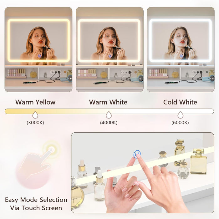 Vanity Desk with Mirror and Lights, White Makeup Vanity Table with 360° Roating Shelves, Large Vanity Desk with 7 Drawers, Power Outlet, Dressing Table Set with Lighted Mirror Adjustable, for Bedroom