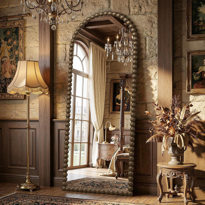 71" X 28" Arched Full Length Mirror, Antique Beaded Frame Floor Standing or Wall Mounted Mirror with Stand for Bedroom, Entryway, Bronze, Luxury Style