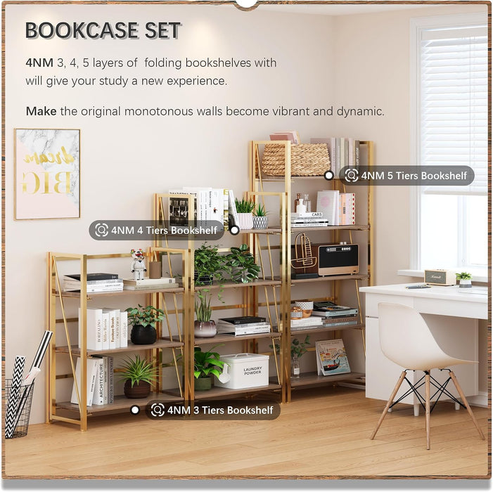 No Assembly Folding Bookshelf Book Shelves, 5-Tier 62.2"" H Collapsible Foldable Bookcase Storage Industrial Shelf for Living Room Bedroom Office