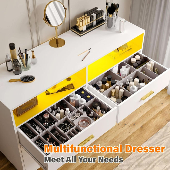 White Dresser with LED Lights, 6 Drawers & 2 Open Shelves Top Dresser for Bedroom, Wood Chests of Drawers